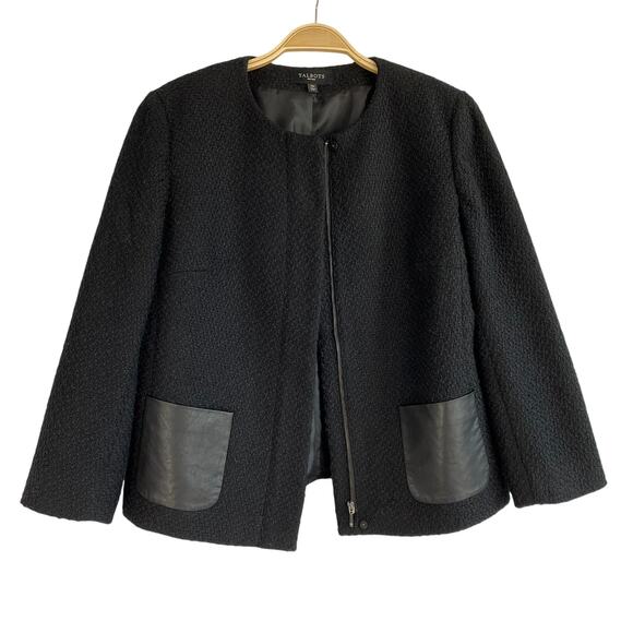 Talbots‎ Wool Blend Crop Lady Jacket Women 14P Black Edgy Faux Leather Pockets - Picture 1 of 11